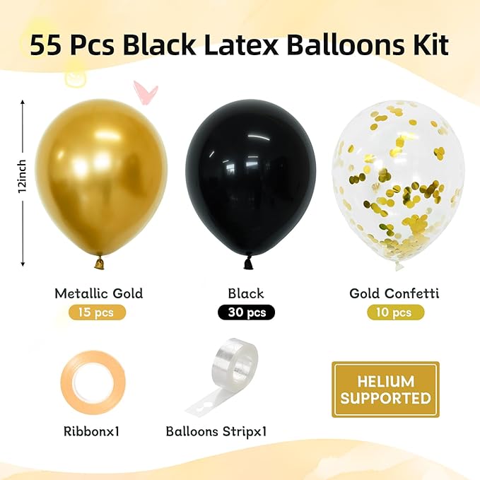 Black and Gold Balloons, 55 Pcs 12 Inch Metallic Gold Balloons Black Balloon Gold Confetti Latex Balloon for Birthday Party Graduation Decoration Baby Shower New Years Wedding Anniversary