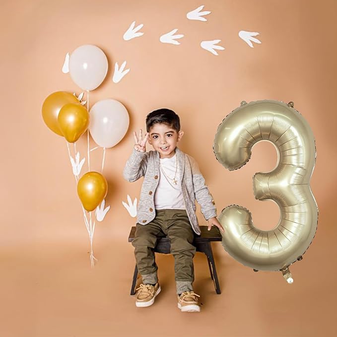Large Light Gold 3 Balloons, 40 Inch Metallic Champagne Gold Helium Mylar Foil Globos Numero for Boys Girls, Self Inflating 3rd Birthday Balloon for Women Men Anniversary Party Decorations Supplies