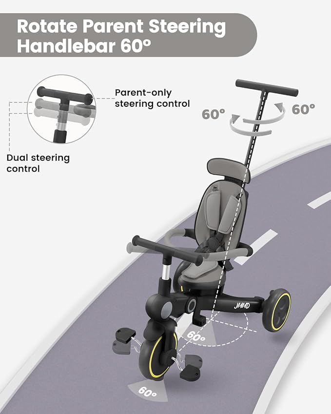 JMMD Baby Tricycle, 7-in-1 Multifunctional Kids Trike with Adjustable Parent Handle, Safety Harness & Wheel Brakes, Removable Canopy, Stroll Trike for Boys & Girls Ages 18 Months-5 Years, Black