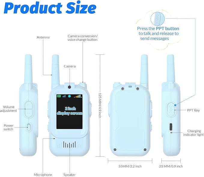 Video Walkie Talkies for Kids - 2 Pack with Real-Time Video & Voice Chat, Fun Voice Changer & Video Effects, Rechargeable, Long Range (500ft), Ideal for Indoor & Outdoor Play(Ages 3-12) (2 Blue)
