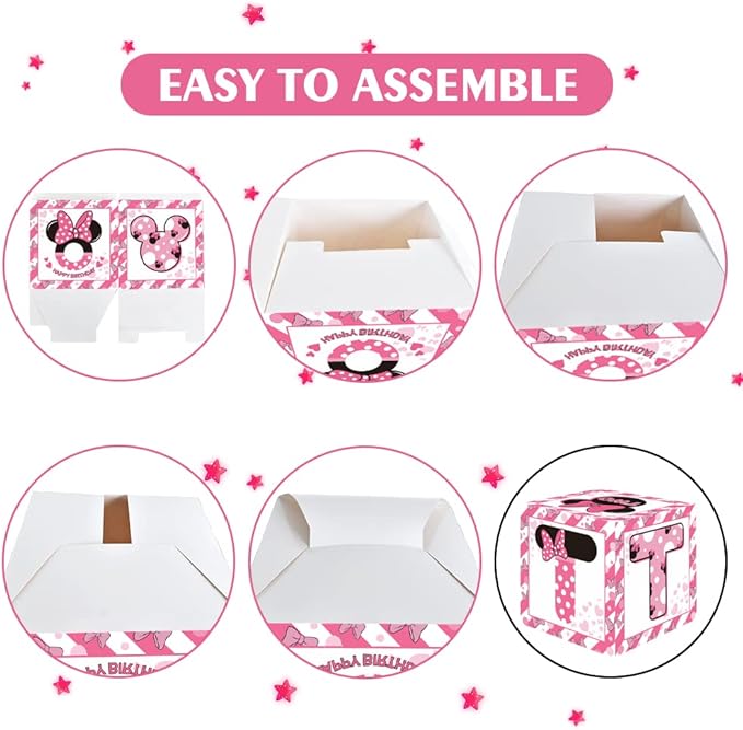TONIFUL Pink Mouse 2nd Birthday Party Supplies Balloon Box with Letters，Pink Mouse Theme Two Years Old Birthday Party Favors for Girls Second Birthday Decorations