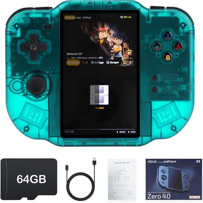 MagicX Zero 40 Retro Handheld Game Console , 3.4 Inch IPS Screen Linux System Sunken Dual Joystick Built-in 64G TF Card Handheld Emulator Support 4.2G WiFi Bluetooth TV Output(Green)