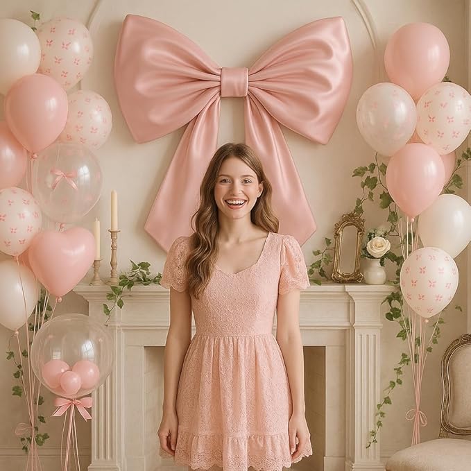 Coquette Pink Bow Balloons Birthday Decorations, 20 In Bobo Light Pale Baby Dusty Pastel Pink and White Balloons Heart Shape Balloon, First Birthday Bow Party Decor for Princess Girl Just Wanna Be One