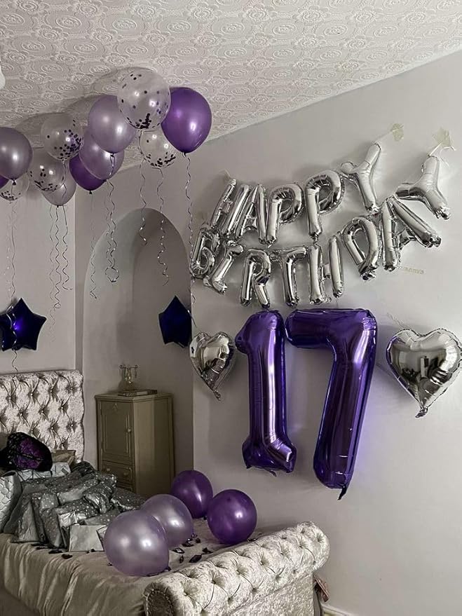 17 Balloons Number 40 Inch, Purple 17th Birthday Decoration for 1 7 17 71 Men & Women, Foil Big Number Balloon for Wedding Store Anniversary Promotion Party Decorations