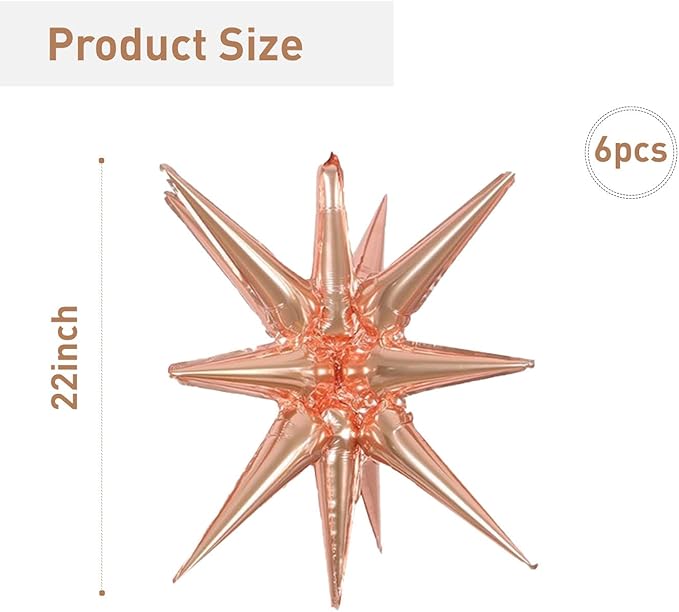 6 Pcs Rose Gold Star Foil Balloons One-Piece 14-Pointed Star Balloon 4D Starburst Cone Mylar Balloon 22inch Christmas Birthday Wedding Wedding Anniversary Party Supplies(Rose Gold)