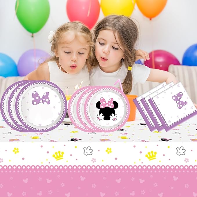 Party Tableware For Cute Mouse,16 pcs Paper Plates (8pcs 9 inch and 8pcs 7inch)-20 Napkin and Table Cloth 86” x 52”,Girl Cute Mouse Birthday Party Decorate Supplies