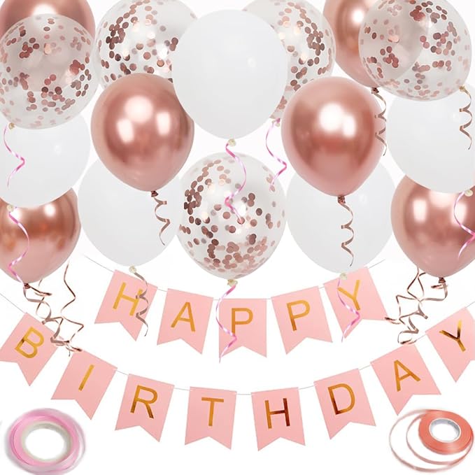 Happy Birthday Banner, Rose Gold Birthday Decoration, 16 pcs 12 inch Balloons with 2 Ribbons for Girl and Women Party Decoration