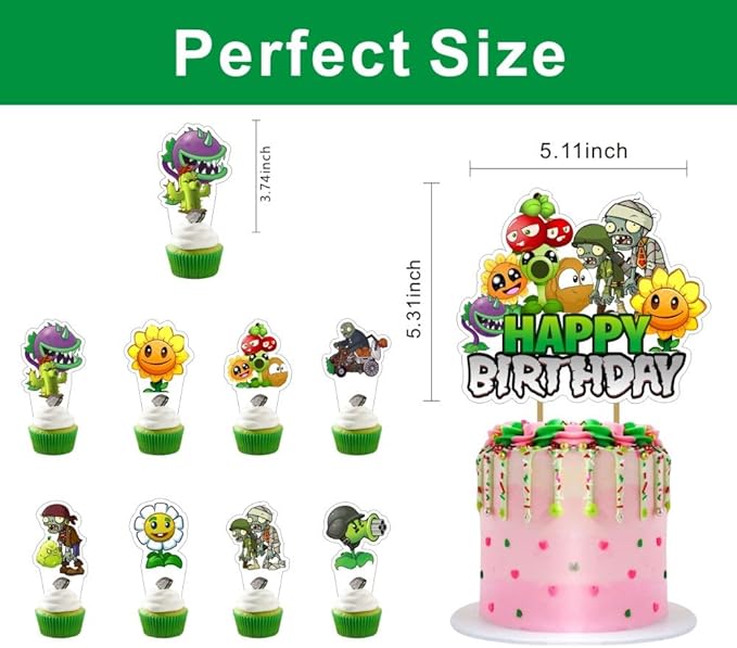 25Pcs Plants and Zombies Cake Decorations with 24pcs Cupcake Toppers, 1pcs Cake Topper for Kids Birthday Party Supplies