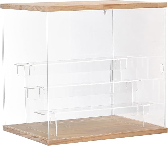 MECCANIXITY Clear Acrylic Display Case with LED Light 3 Tier Dustproof Showcase Assemble Cube Display Boxes Stand for Collectibles, Action Figures (12.6x9.45x11.81) Wood