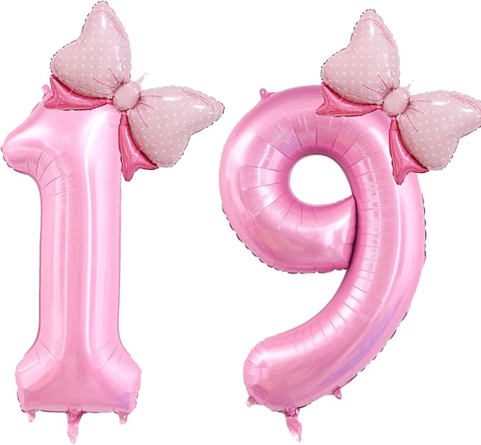 40 inch Number 19 Balloon with Bow Pink Happy Birthday Jumbo Number Balloons for Girls Daughter Birthday Decorations Party Supplies (Pink Number 19)