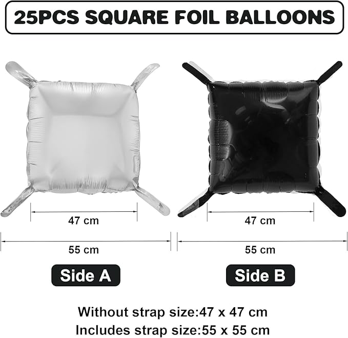 Black Silver Square Foil Balloon Wall,25Pcs Double Sided Foil Balloons Backdrop Helium Polyester Tunnel Arch Garland Kit for Birthday Bridal Anniversary Baby Shower Party Decorations