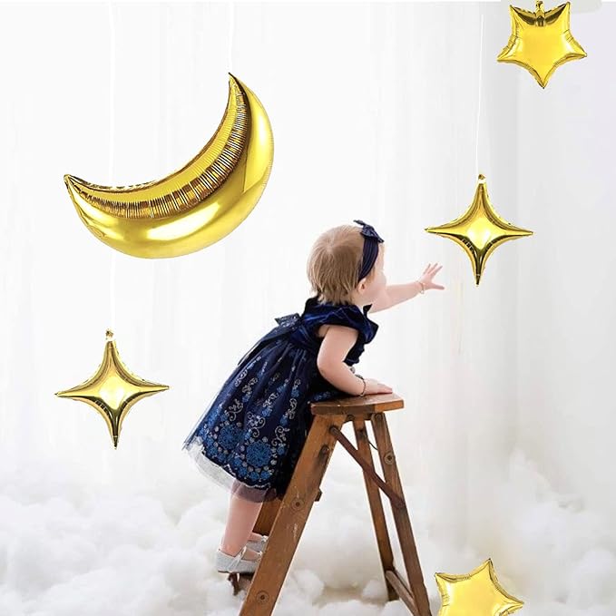 54Pcs Star Foil Balloons Moon Foil Mylar Balloons Kit with 50Pcs Gold Star Balloons and 4Pcs Large Moon Foil Balloons for Baby Shower Christmas Anniversary Engagement Wedding Birthday Party Decoration