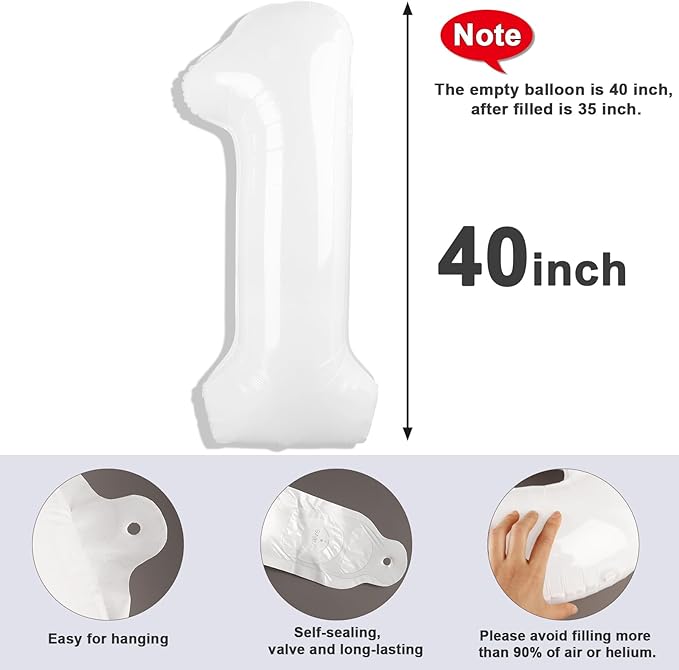 Number Balloons 1, 40 Inch Ballons for Girl Boy 1st 1 11 21 Birthday Decorations Baby Shower Photo Shoot, White One Balloons