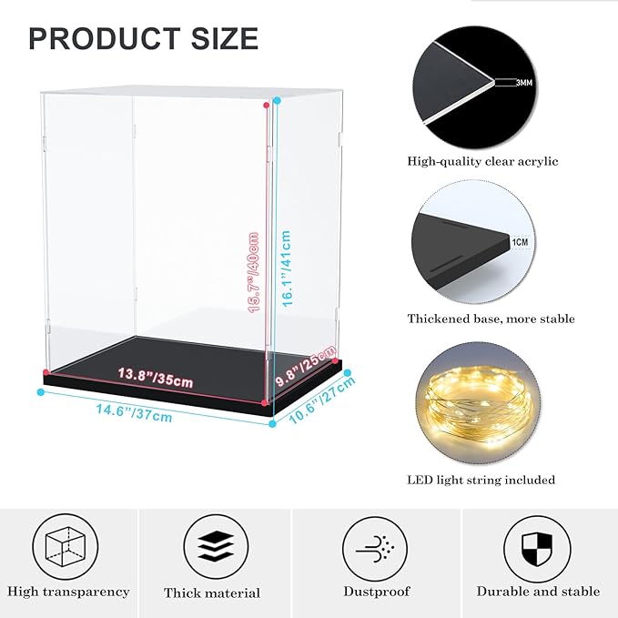 Nynelly Acrylic Display Case for Collectibles - Clear Acrylic Boxes for Lego 75954, 76989 - Thick Base Assemble Dustproof Countertop Showcase, 13.8x9.8x15.7 inch