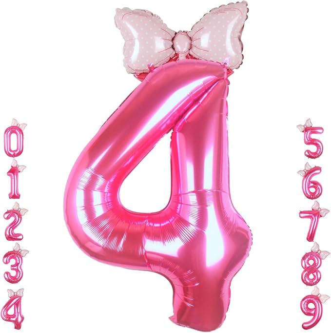40 Inch Pink Number 4 Balloon with Mini Bow Balloon for Girls 4th Birthday Decorations, Pink Princess Western Cowgirl Theme Birthday Party Decorations Supplies Favors