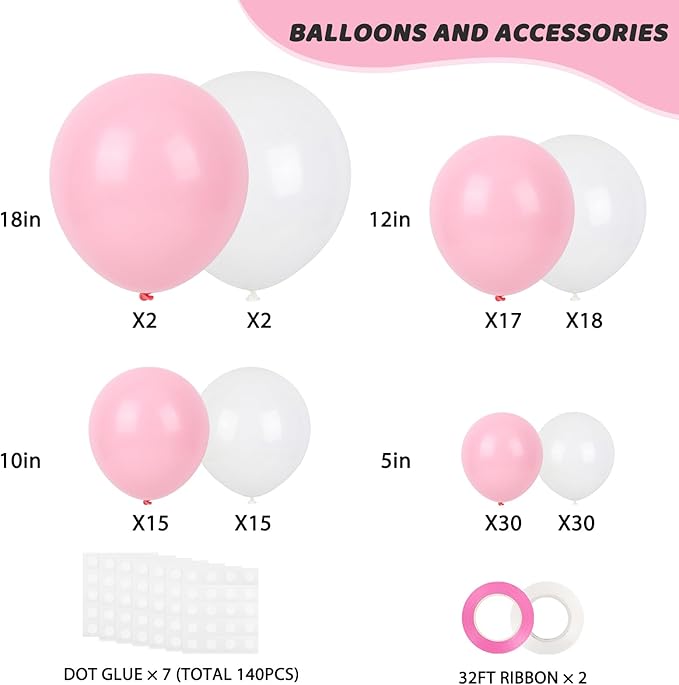 RUBFAC White and Pink Balloons 129pcs Different Sizes Pack of 18 12 10 5 Inch, Latex Baby Pastel Pink Balloon Garland Arch Kit for Birthday Party Wedding Anniversary Baby Shower Gender Reveal