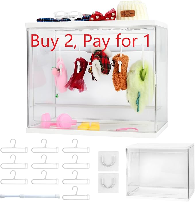 Clear Doll Wardrobe Storage Box Compatible with Labubu 15/17cm Doll Clothes & Accessories, Clear Display Box Shelf, Includes 10 Hangers, 1 Rod & 2 Supports, Stackable