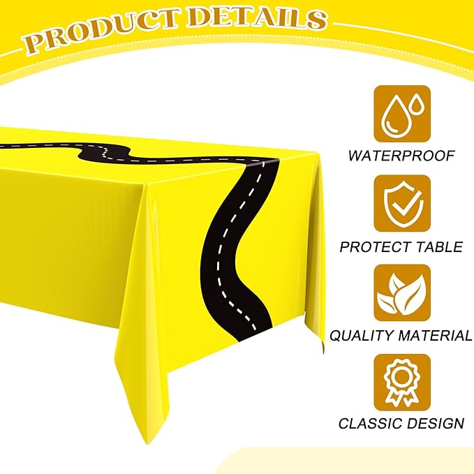 Irenare 3 Pcs Racing Table Cloths Car Birthday Party Supplies 54 x 108 Inch Racetrack Table Runner Covers Disposable Rectangular Road Tablecloth for Kids Boy Car Theme Birthday Party Decor (Yellow)