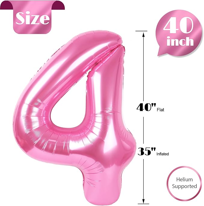 Pink 4 Balloon, Number Balloons 40 Inch, 4th Birthday Decorations for Girls Four Large Numbers for Party Decor, Number 4 Balloon