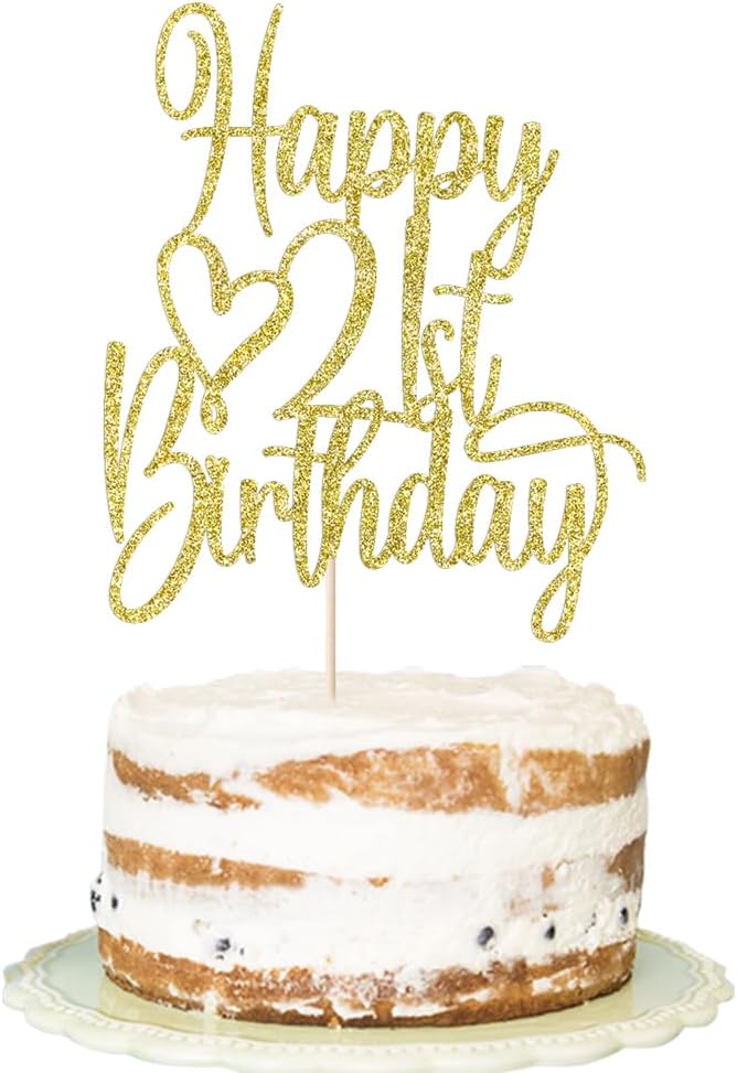 Gold Glitter Happy 21st Birthday Cake Topper - Cheers to 21 Years Cake Topper, 21 & Fabulous Cake Decoration for Hello 21st Birthday Anniversary Party Cake Decorations Supplies