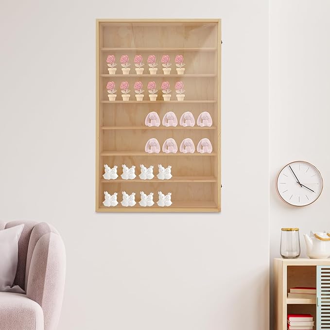 7 Tier Wall Mount Display Case, Wooden Wall Mount Display Case with Acrylic Glass Door and Metal Latch, Wall Mountable Shelving Unit for Action Figures Collectibles Toys Model Cars