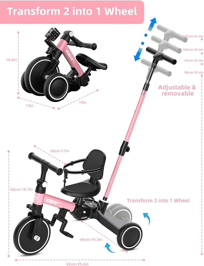 XJD Toddler Bike, 6 in 1 Folding Toddler Tricycle for 1-4 Year Old with Parental Control Handle, Balance Bike with Removable Pedal, Backrest, Adjustable Seat Height, First Birthday Gifts (Pink)