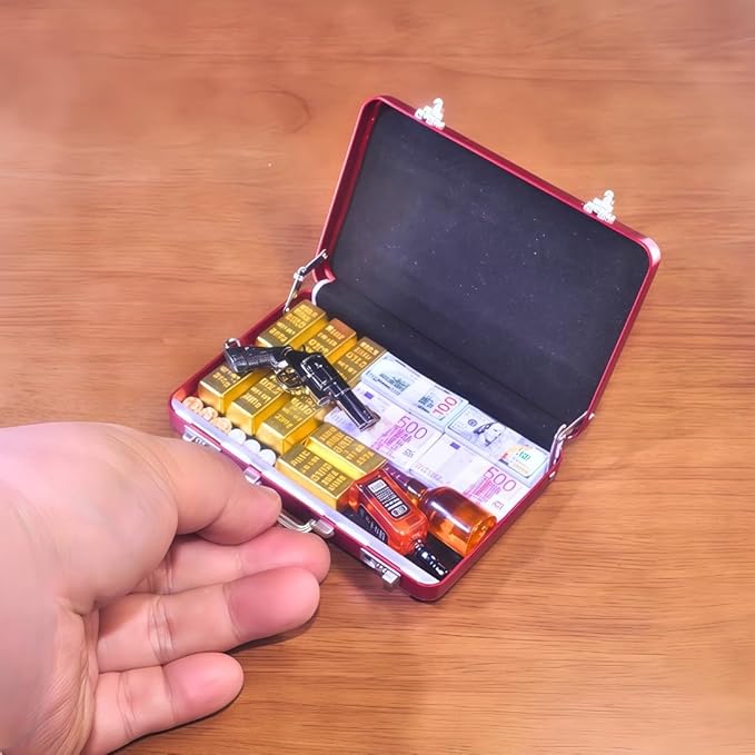 1:6 Scale Miniature Briefcase Set - Includes Fake Gold Bars, Bundles of $100 Mini Dollar Bills, Vintage Coins and Mini Weapons - Unique Adult NoveltyToy & Dollhouse Accessories (Red)
