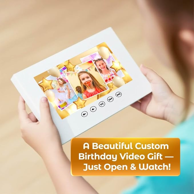 Personalized Girl’s Birthday Greeting Card with Video – Add 11 Photos – Custom Animated Slideshow – 7” LCD Screen, USB Rechargeable, 8GB Built-in Memory