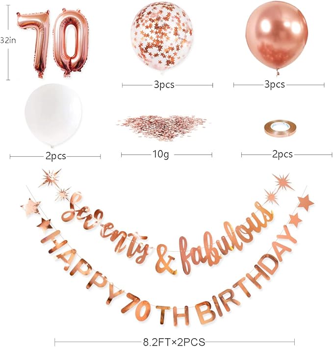 Rose Gold Seventy & Fabulous Happy 70th Birthday Banner Garland Foil Balloon 70 for Womens 70th Birthday Decorations Hanging 70 and Fabulous Cheers to 70 Years Old Birthday Party Supplies Backdrop