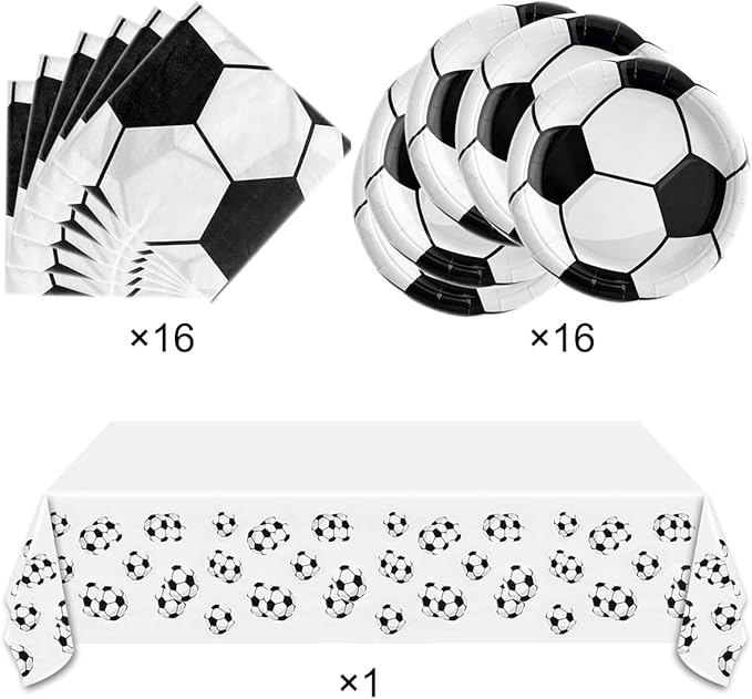 Soccer Party Tableware ,16 Plates and 16 Napkins and Tablecloth 71 '' x 42 ''Soccer Sports Themed Birthday Decorate Supplies