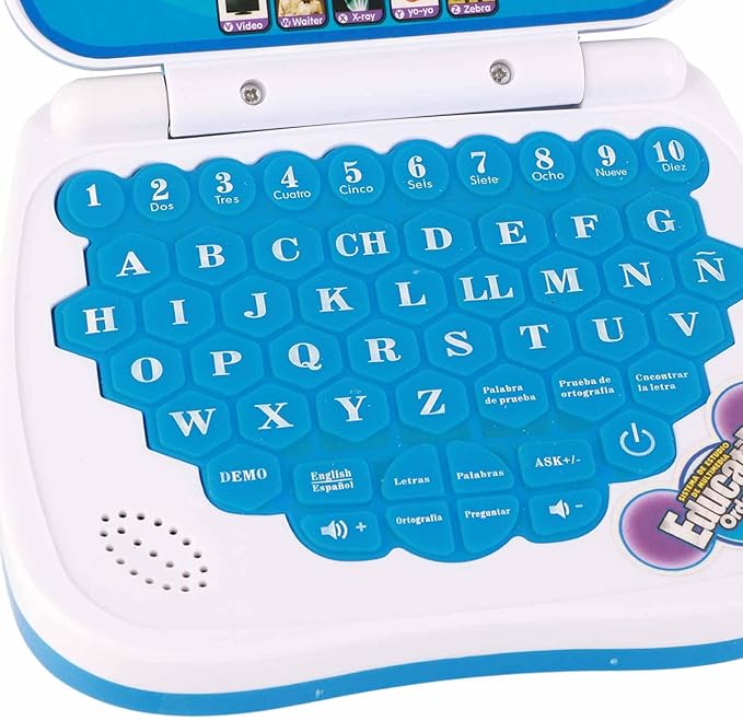 Kids Learning Laptop Bilingual English Spanish Educational Toy with Music Reread Function Keyboard for Children Early Education (Blue)