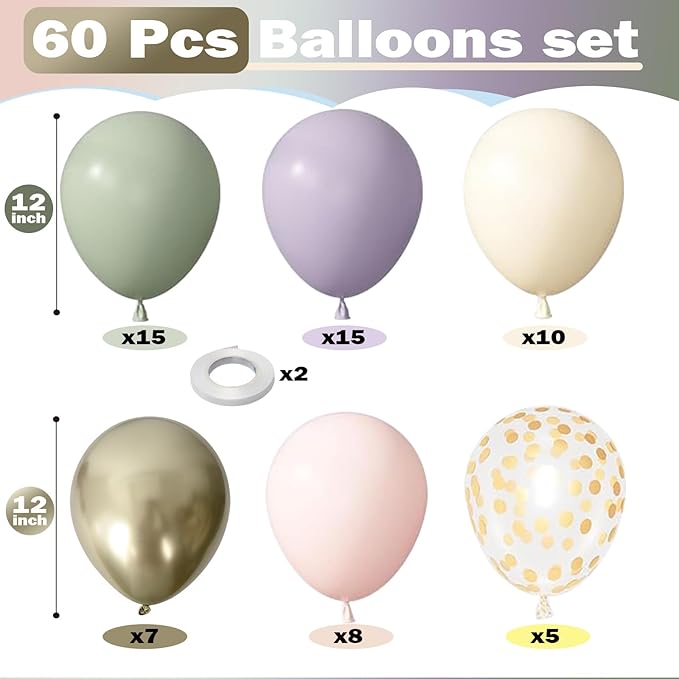 Dusty Green Purple Pink Balloon, 60 Packs 12 Inch Lavender Pastel Pink Balloon Metallic Gold Confetti Balloons for Baby Shower Wedding Tea Wildflower Birthday Party Decorations