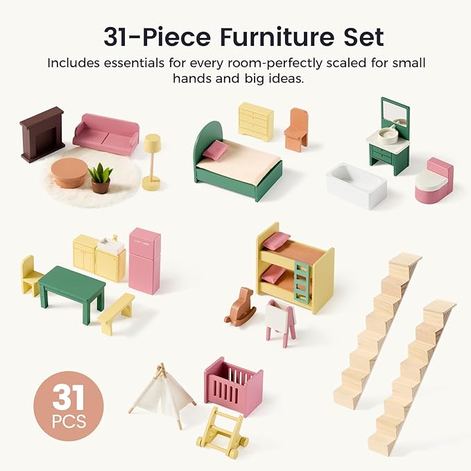 Tiny Land Wooden Dollhouse for Girls - 6 Rooms Wooden Doll House, DIY Pretend Doll House with 31Pcs Furniture Accessories, Creative Gift for Girl Ages 3+ (Dusty Pink)