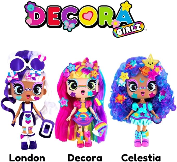 DECORA GIRLZ 5" Dolls -3 Pack A - Decora, London and Celestia | Fashion Dolls for Ages 4 and Up | Surprise Birthday Gift for Children | Set of Doll Clothes, Stickers, Dolls & Accessories