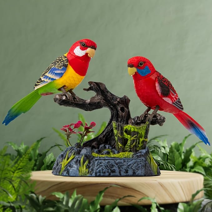 nulala Two Simulation Parrots Birds Desk Ornament - Voice Controlled Parrots Chirping and Wings Flap - Electronic Birds Pet for Home Garden Decor Ornament (513CE)