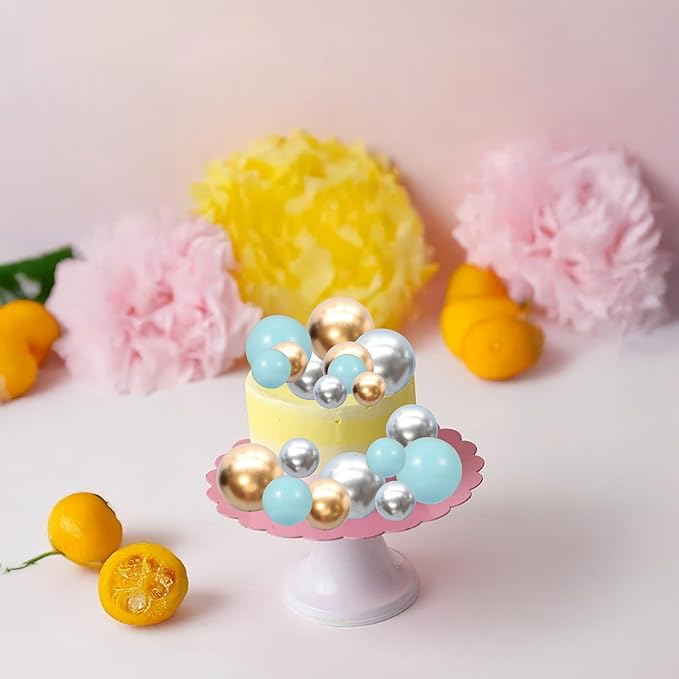 Gyufise 30Pcs Mini Balloon Cake Topper Foam Ball Cake Picks Decorations Faux Pearl Balls DIY Cake Topper Decoration for Baby Shower Wedding Anniversary Birthday Party Supplies Gold Silver Blue