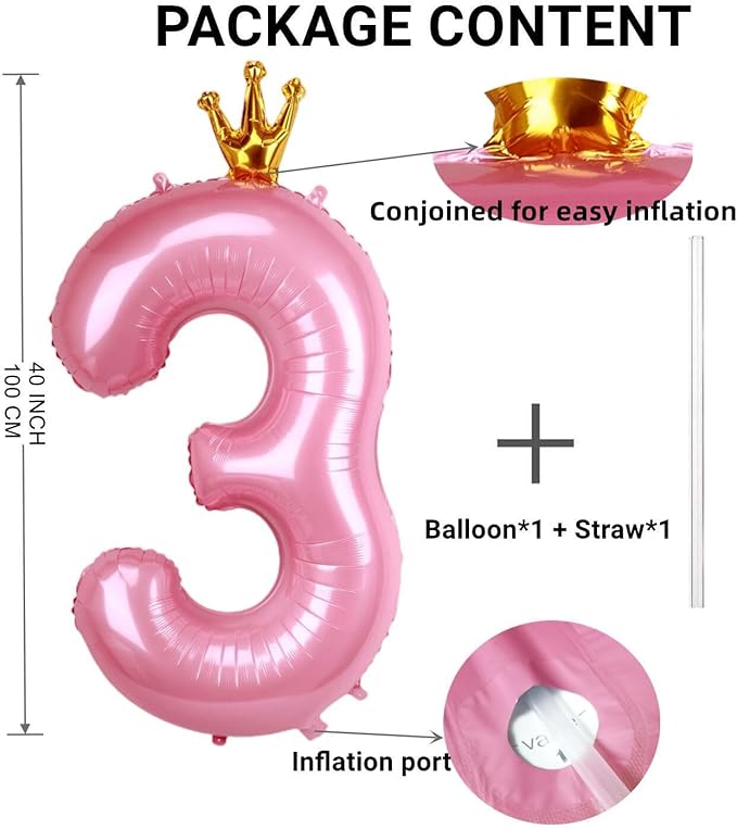 40 Inch Crown Pink Number 3 Balloon, Big Conjoined Baby Pink Foil Mylar Helium 3 Balloon for Girls 3rd Birthday Party Decorations Princess Theme Party Decorations Supplies Anniversary Decor