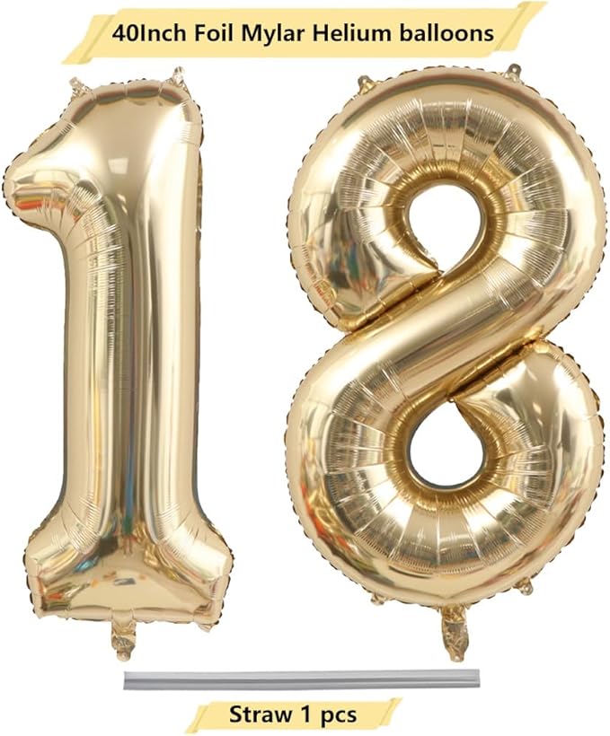 40 Inch Light Gold 18 Number Balloons White Gold Giant 18 Foil Mylar Helium Large Digital Balloon Champagne Gold Birthday Numbers Jumbo Balloons 18th or 81st Anniversary Party Decorations Supplies