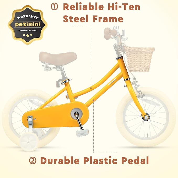 Petimini Vintage Kids Bike for Girls, 12–20 Inch Classic Bicycle with Wicker Basket & Bell, High Tensile Steel Frame, Training Wheels (12–18”), 85% Pre-Assembled, Retro Bike for Outdoor Riding