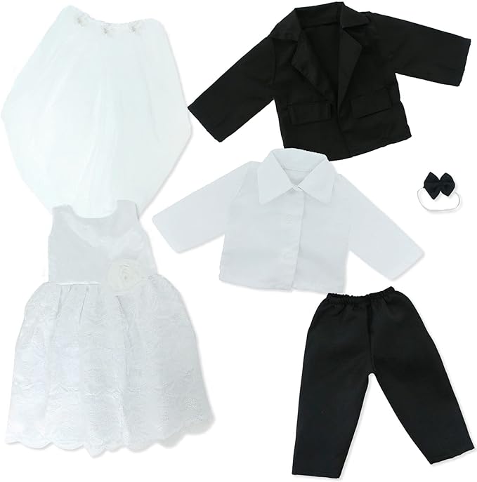 18 Inch Doll Clothes Accessories Wedding Set, Bride Wedding Dress and Groom Suit Outfit, Veil, Bow Tie for American 18 Inch Doll Girl Boy Ball Party