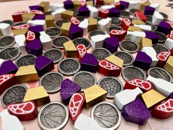 Stonemaier Games: Wyrmspan Resource and Coin Upgrade Pack | Metal Coins and Wooden Resources | 45 Double-Sided Metal Dragon Coins and 104 Wooden Resources (Meat, Gold, Gem, and Milk) - Add to Wyrmspan