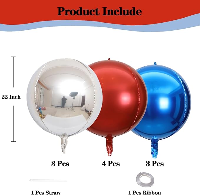 KALOR 22 Inch Red Blue and Silver Foil Balloons, 10 Pcs Large 4D Giant Round Metallic Foil Balloon for Birthday Party Baby Shower Graduation Party Decorations