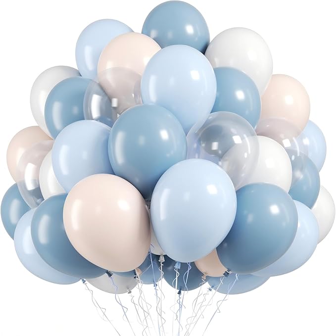 FunHot Dusty Blue Balloons, 50 Pcs Pastel Blue White Latex Balloon, 12 Inch Ivory Transparent Helium Balloons for Boy Baby Shower Men Birthday Graduation Wedding Anniversary Proposal Party Decor