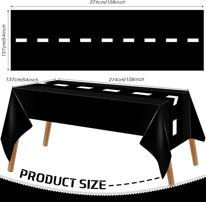 Irenare 6 Sheets Car Birthday Party Supplies Racing Party Decorations Road Tablecloth Racetrack Table Runner Table Covers for Car Theme Birthday, 54 x 108 Inch, Black