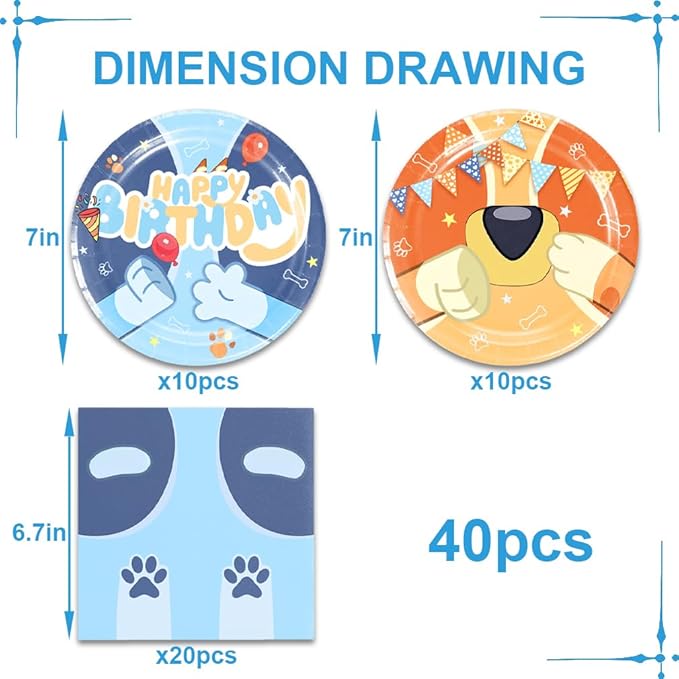 40Pcs Blue Dog Birthday Party Decorations Plates and Napkins Blue Dog Party Supplies Serve 20 Guests
