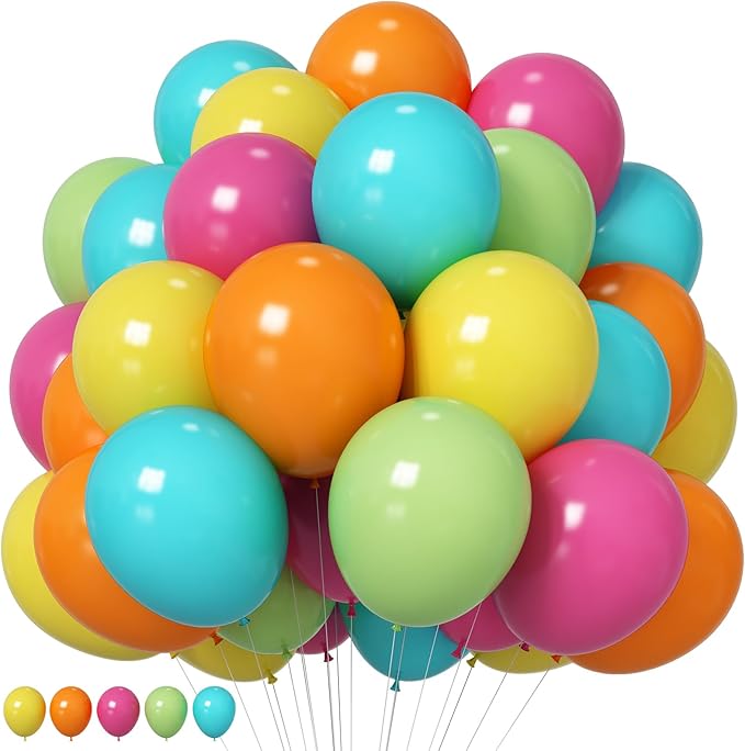 Tropical Balloons 12 Inch Summer Hawaiian Hot Pink Orange Teal Yellow Green Colorful Latex Party Balloon Multicolor for Luau Pool Aloha Beach Birthday Baby Shower Wedding Party Decoration
