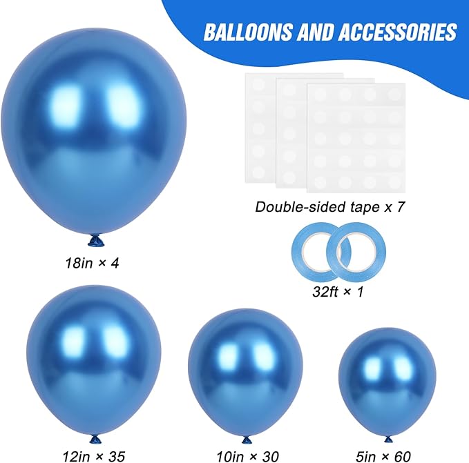 RUBFAC Metallic Blue Balloons 129pcs Different Sizes Pack of 18 12 10 5 Inch, Latex Chrome Blue Balloon Garland Arch Kit for Wedding Baby Shower Birthday Party Graduation Decorations