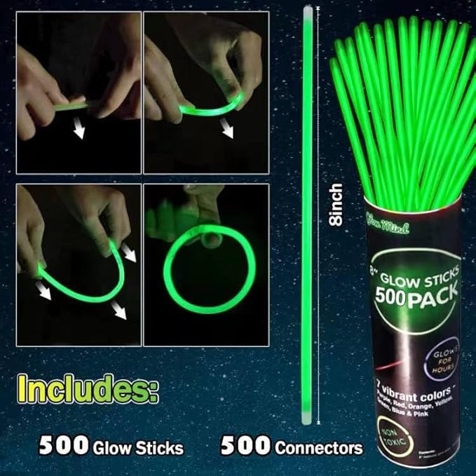 500 PCS Green Glow Sticks Bracelets Necklaces 8" Glowsticks with Connectors Bulk Glow in The Dark Party Supplies Light Up Neon Party Favor for Christmas New Year St. Patrick’s Day Birthday