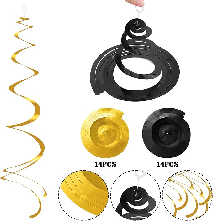 Colorful Ceiling Swirl Foil Decorations Hanging Plastic Streamer Themed Swirl Party Decoration for Wedding New Years Day Graduation Celebration, Pack of 28 (Gold, Black)