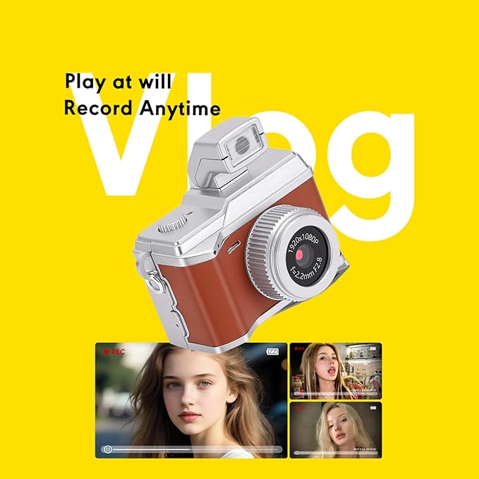 Bewinner Tiny Digital Keychain Camera, 1080P FHD 8MP Thumb Sized with 0.96 Inch Color Screen & 32GB Memory Card, LED Fill Light for Beginners Teens Kids Gifts (Vintage Brown)